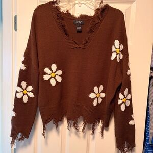 Brown Frayed Sweater with Floral Design V neck